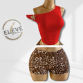 Red one-shoulder top and leopard print shorts 