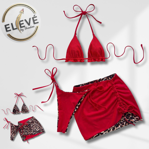 Reversible Red bikini set with leopard print  on reverse